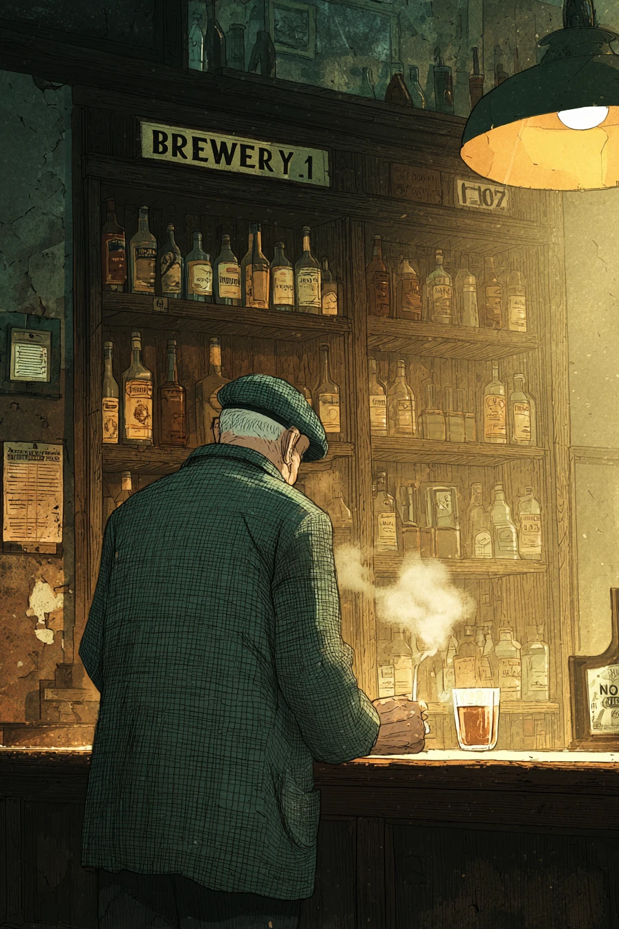 Anziano solitario al bancone del bar in una calda luce soffusa