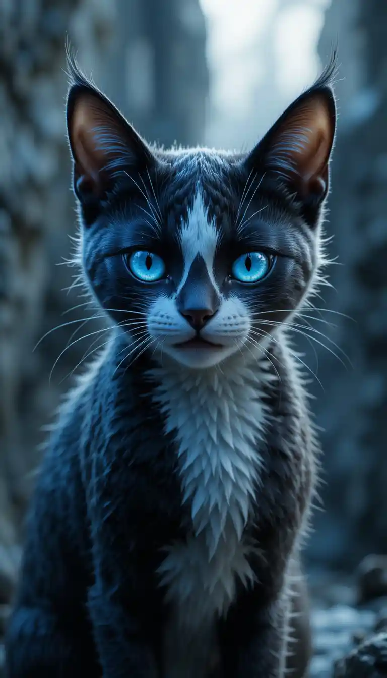 Gatto bianco e nero cinematografico con occhi blu ghiaccio