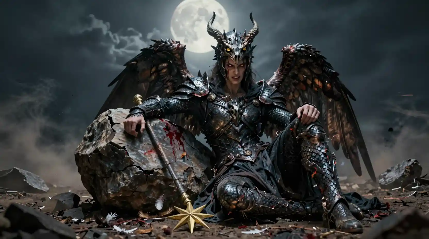 Wounded fallen angel resting against a bloodstained boulder