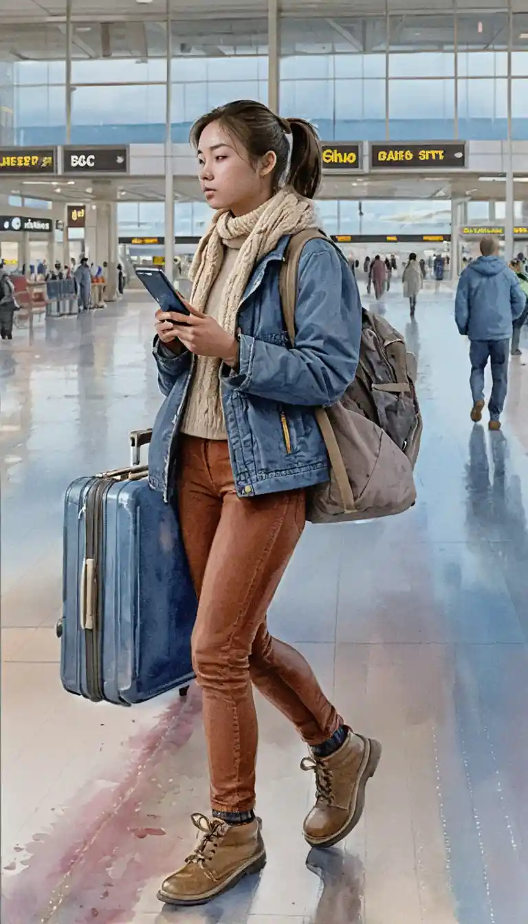 Asian woman with suitcase walking through busy airport terminal