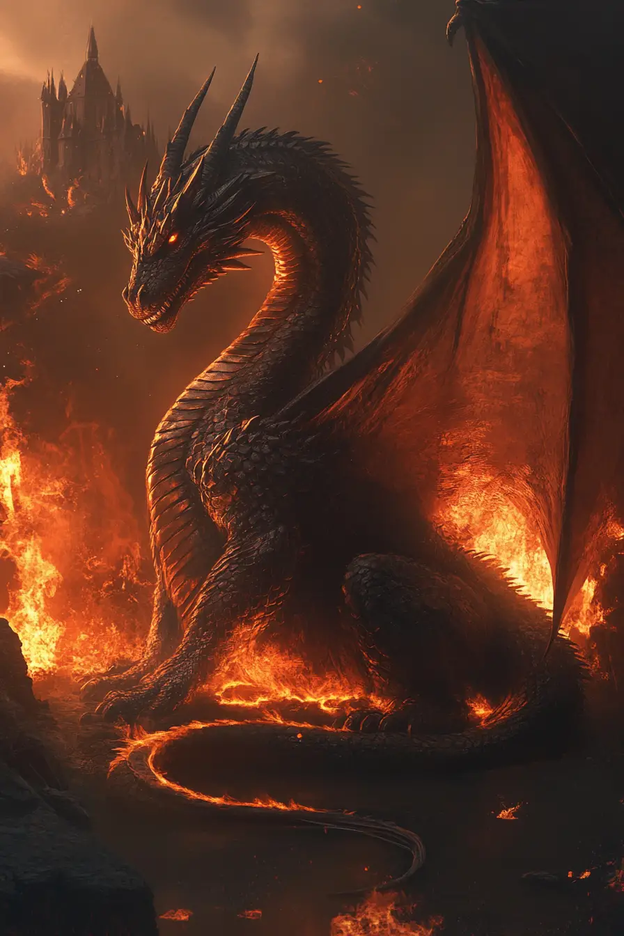 Kolossaler Drache, der in einem brennenden mittelalterlichen Königreich ruht