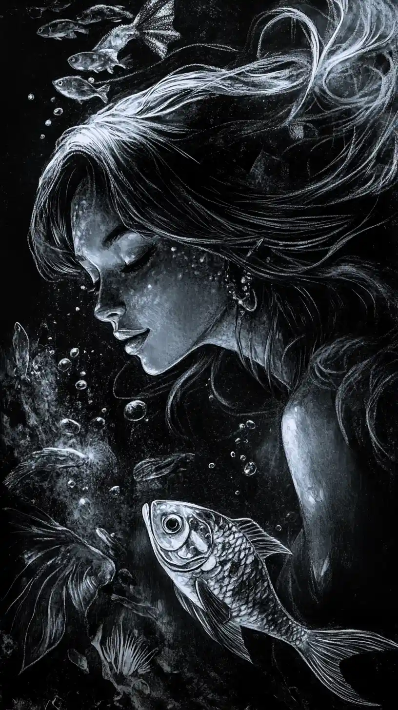 Charcoal portrait of a mermaid with shimmering scaled skin