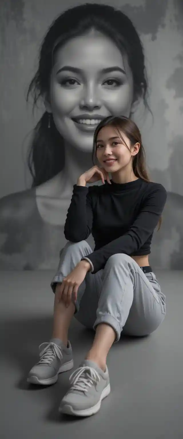 Smiling woman seated on studio floor with mural backdrop