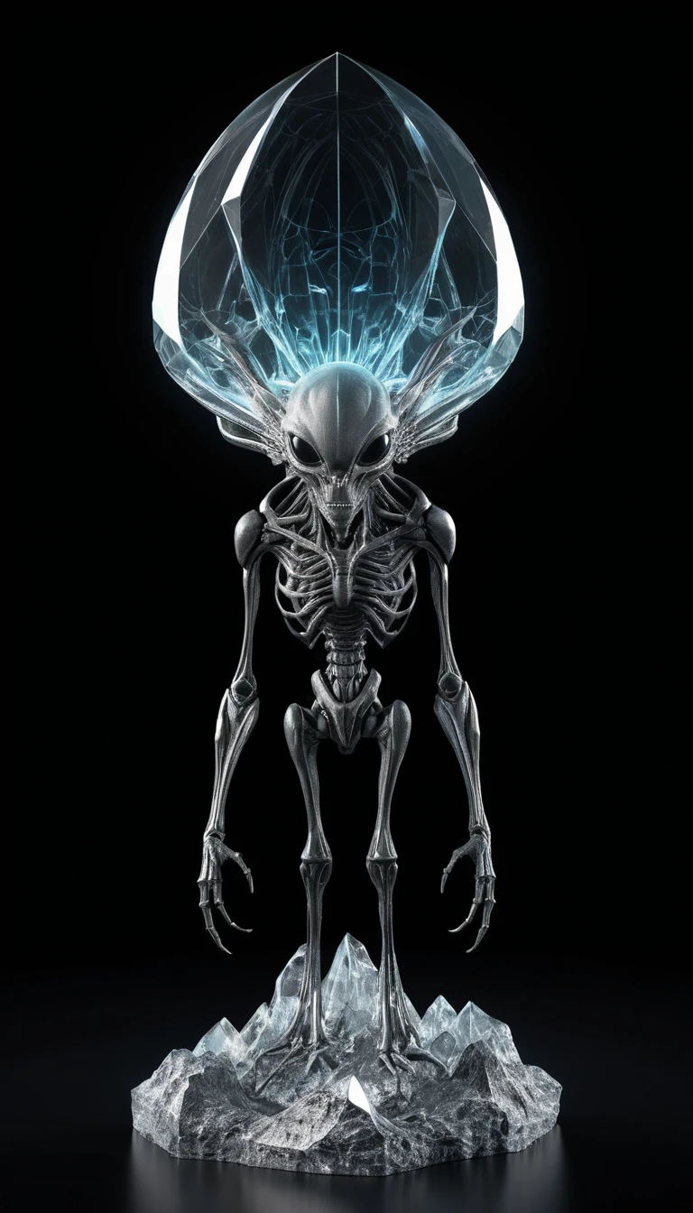 Glowing alien crystal object on pure black background