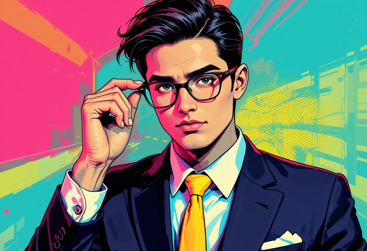 Joven confiado con traje ajustándose las gafas en estilo pop art