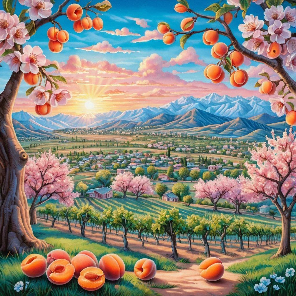 Frutteto estivo di albicocche con alba su monti lontani