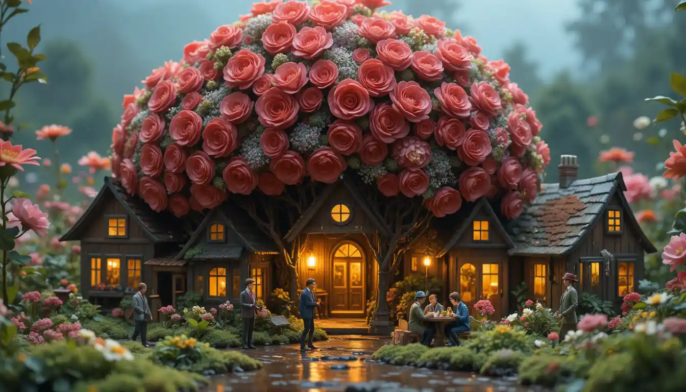 Miniature people shelter under giant wildflower bouquet village
