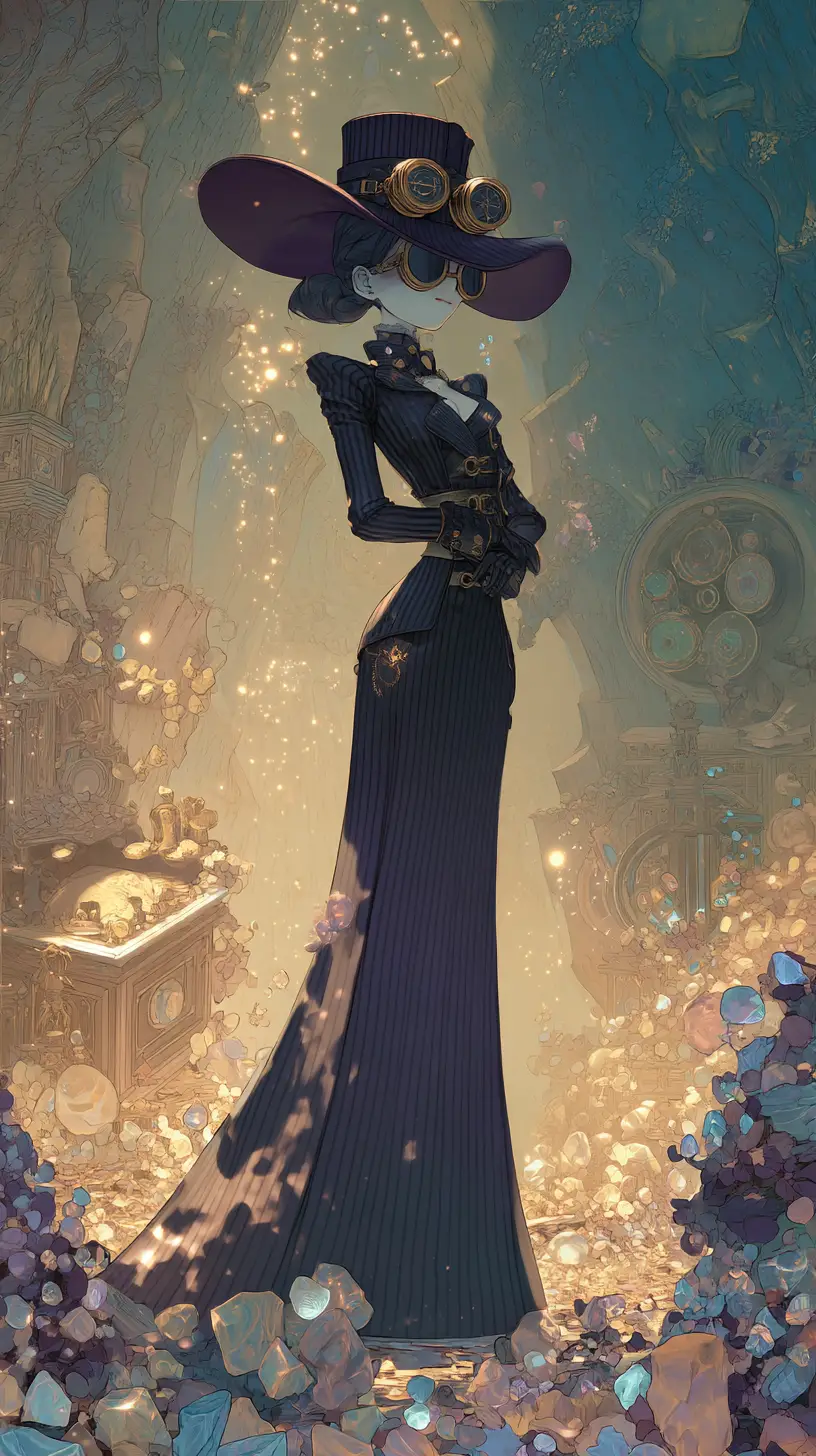Elegante Steampunk-Hexe in einer funkelnden magischen Höhle