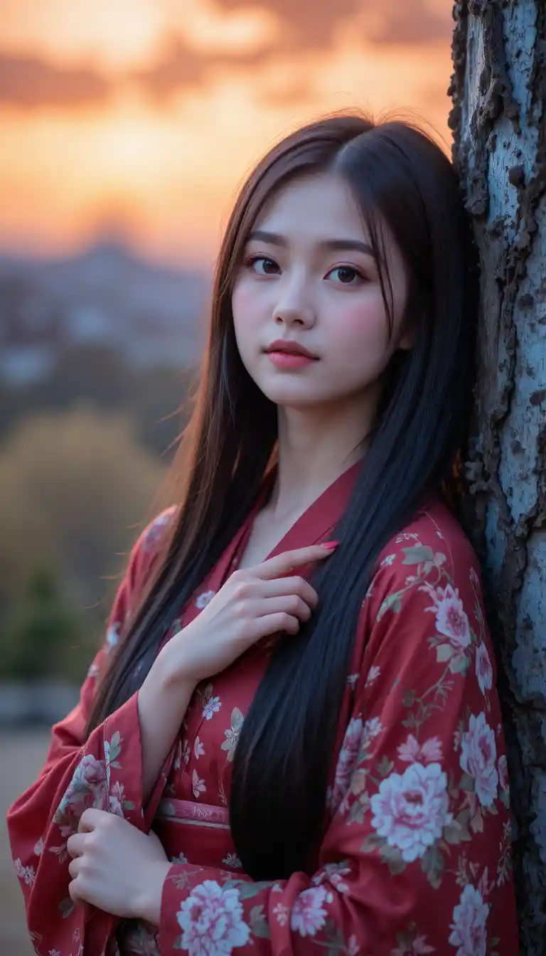 Ragazza in kimono rosso accanto a un albero al tramonto colorato