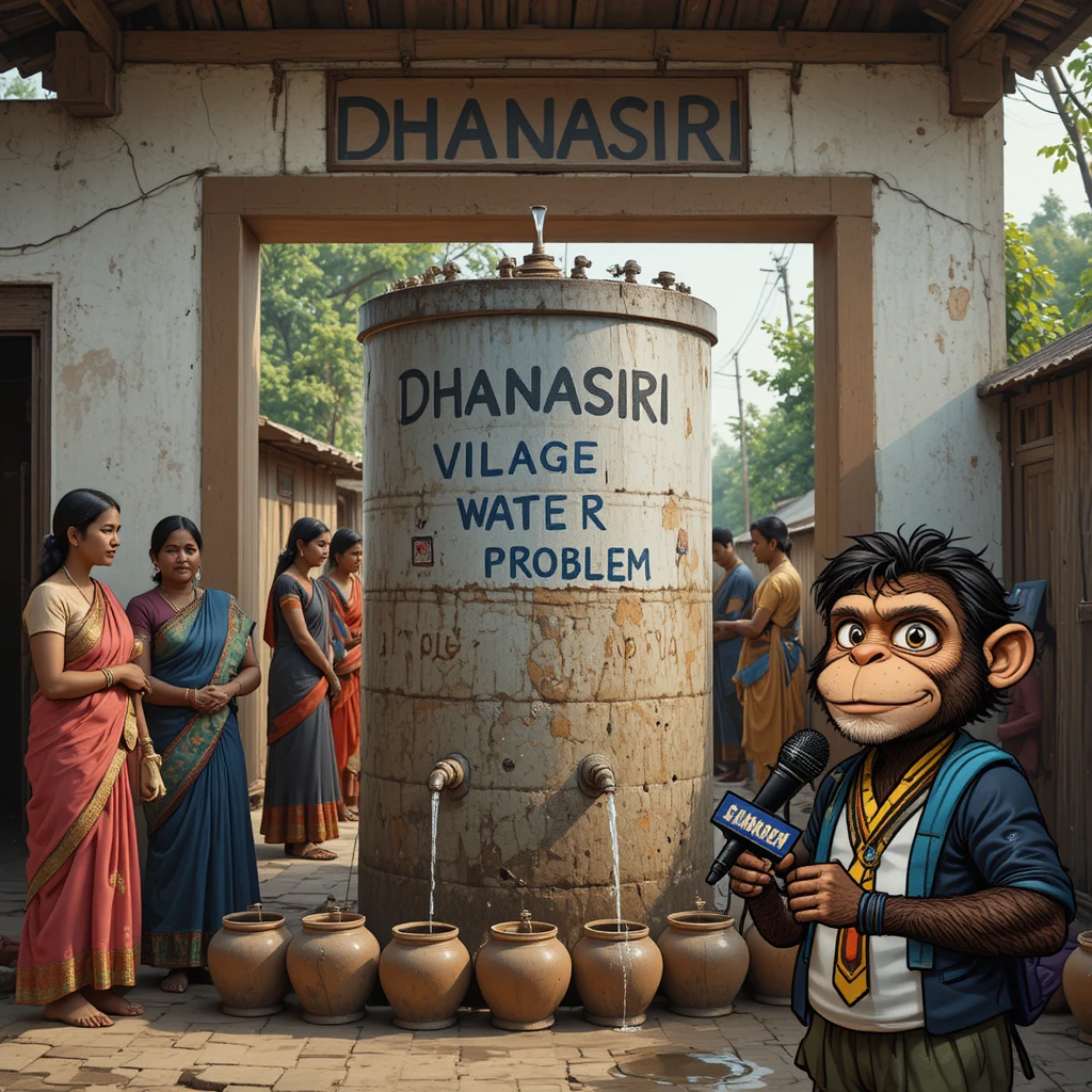 마른 물탱크 입구에 줄을 선 마을 사람들