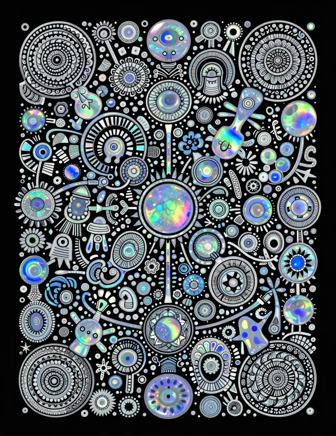 Opalescent zentangle style drawing on pure black background