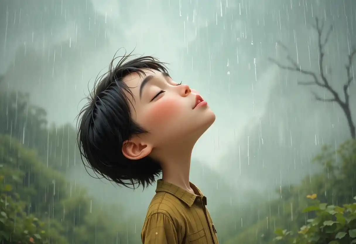 Little boy catching raindrops with his mouth in playful rain