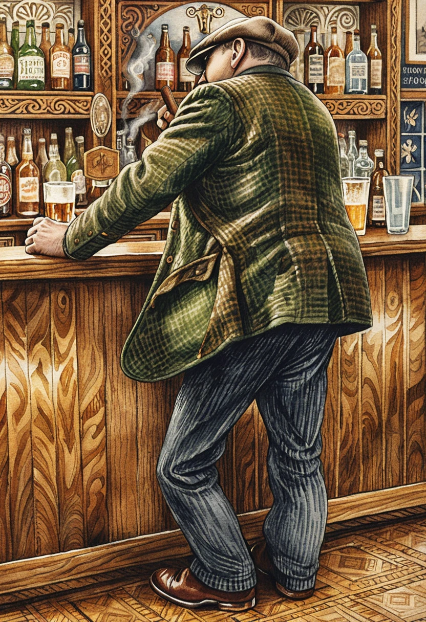 Homem em Bar de Madeira Vintage com Cerveja e Cigarro