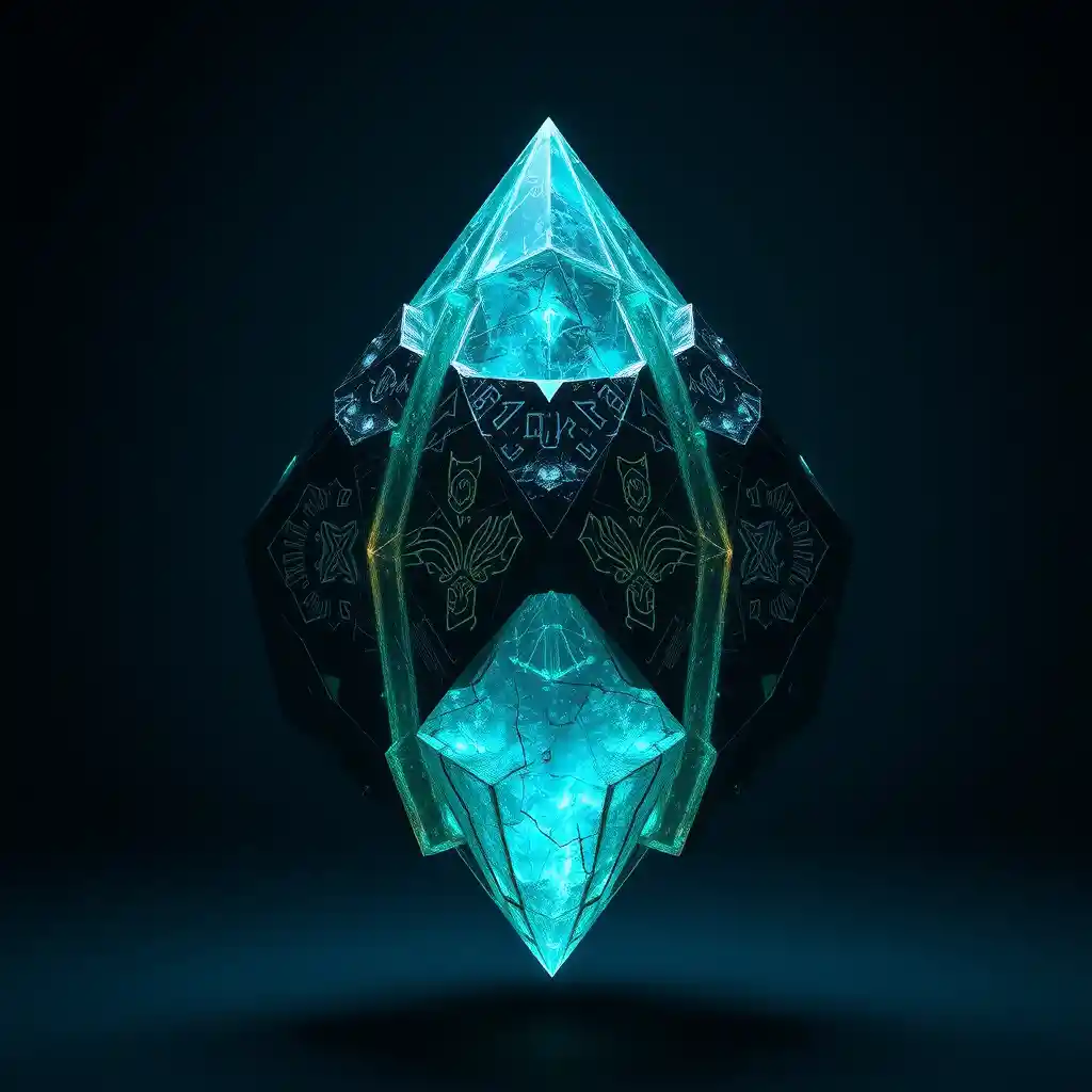 Ancient alien crystal artifact floating in dark abstract space