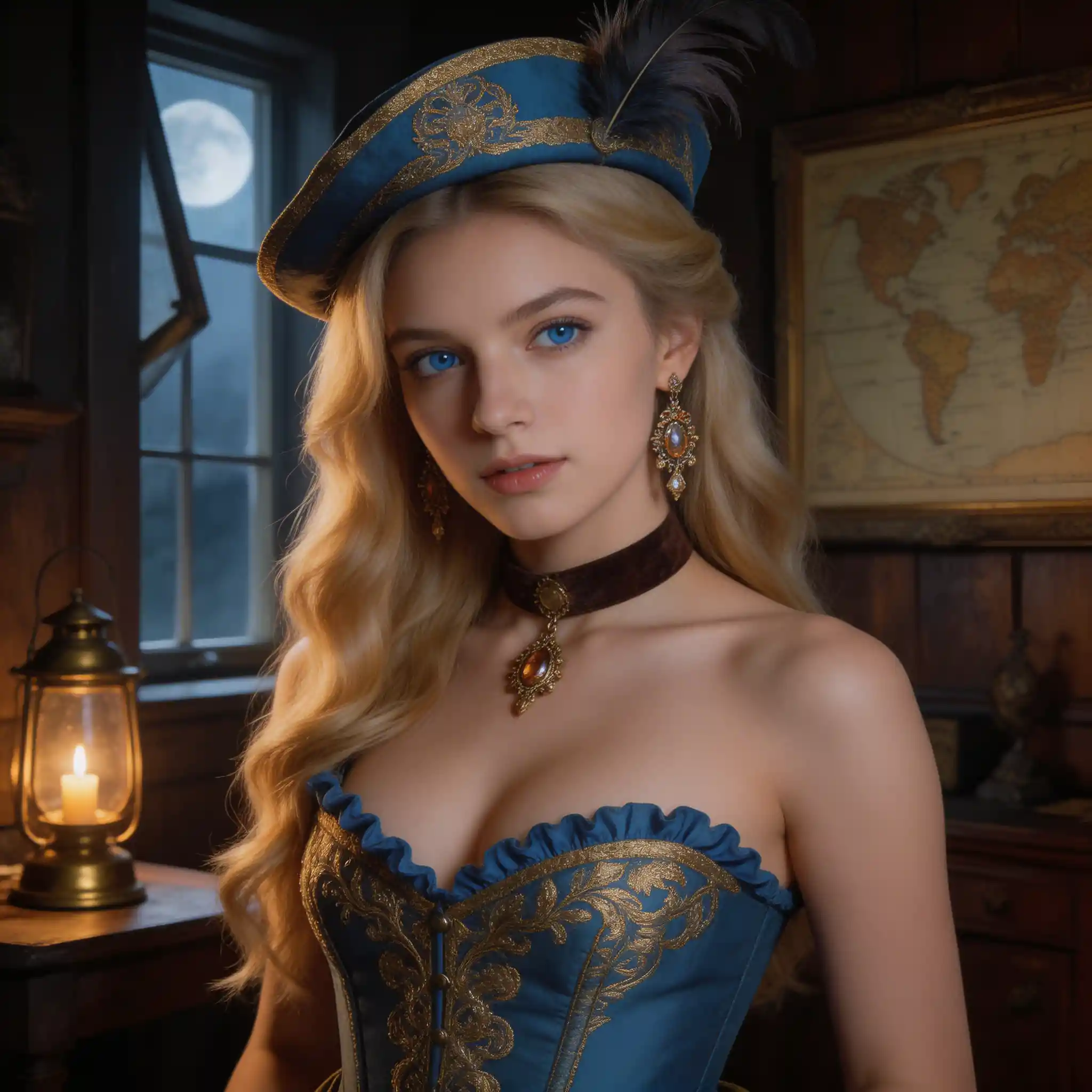 Elegante Fantasie-Frau im blauen Korsett im kerzenbeleuchteten Studierzimmer