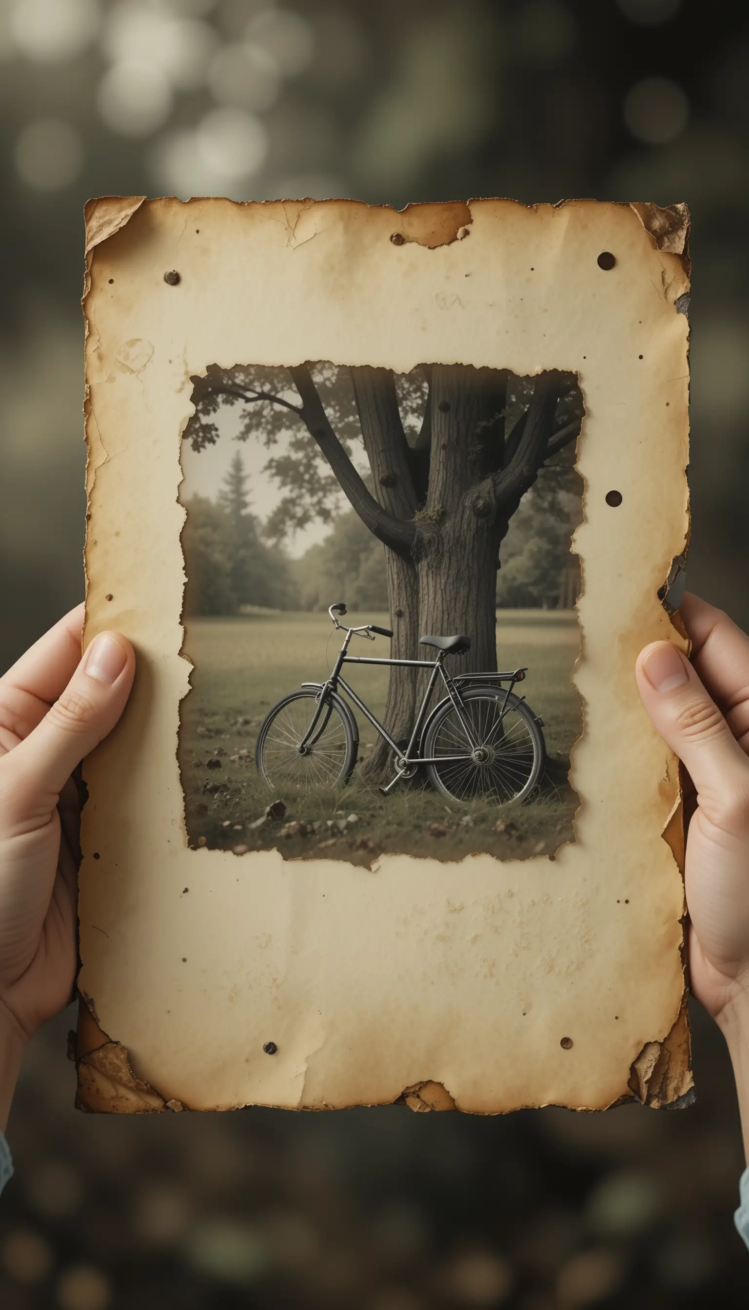 Old paper with flickering childhood bicycle memory photograph