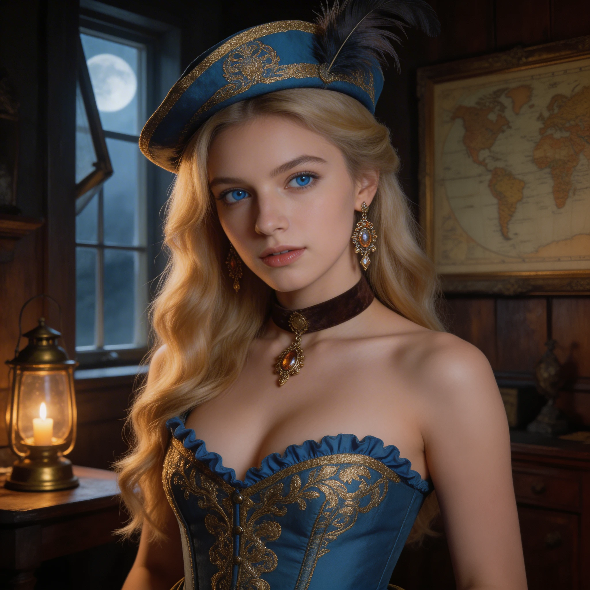 Elegante Fantasie-Frau im blauen Korsett im kerzenbeleuchteten Studierzimmer