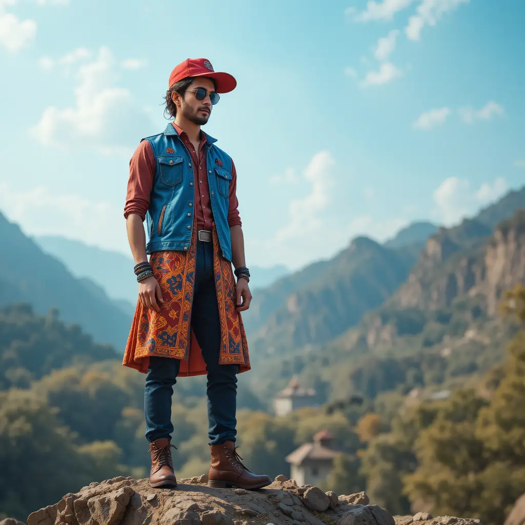 Perroquet coloré avec des lunettes volant au-dessus d’un marché indien