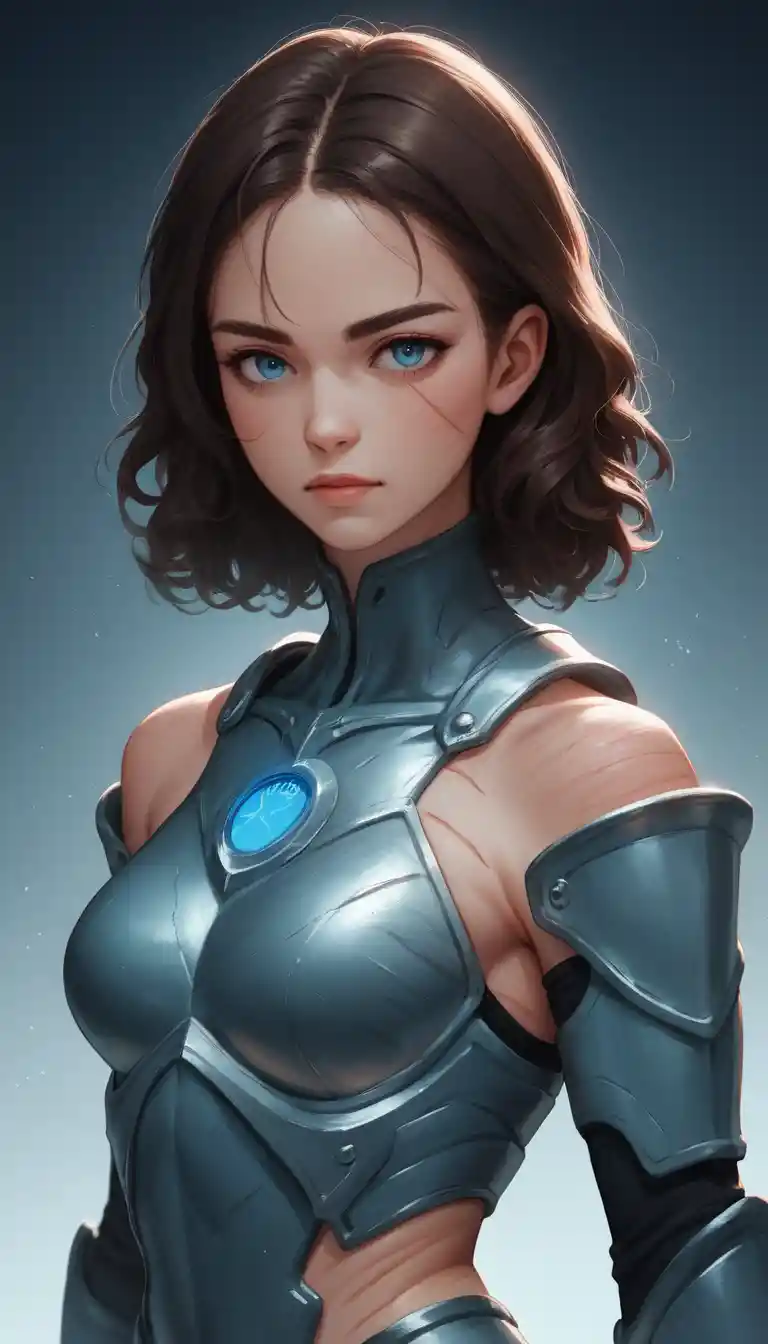 Confident anime heroine in armor in a vibrant public scene