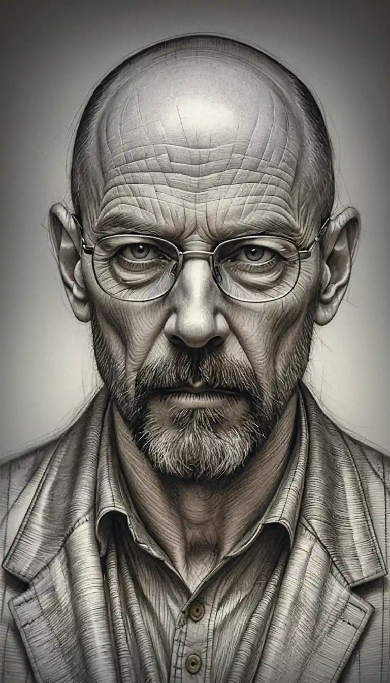 Graphite portrait of a bald man in glasses with intense gaze