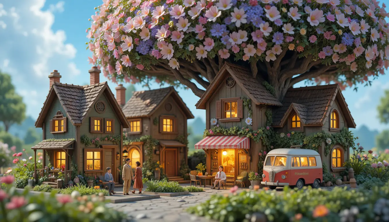 Miniature People In Cozy Village Beneath Giant Wildflowers