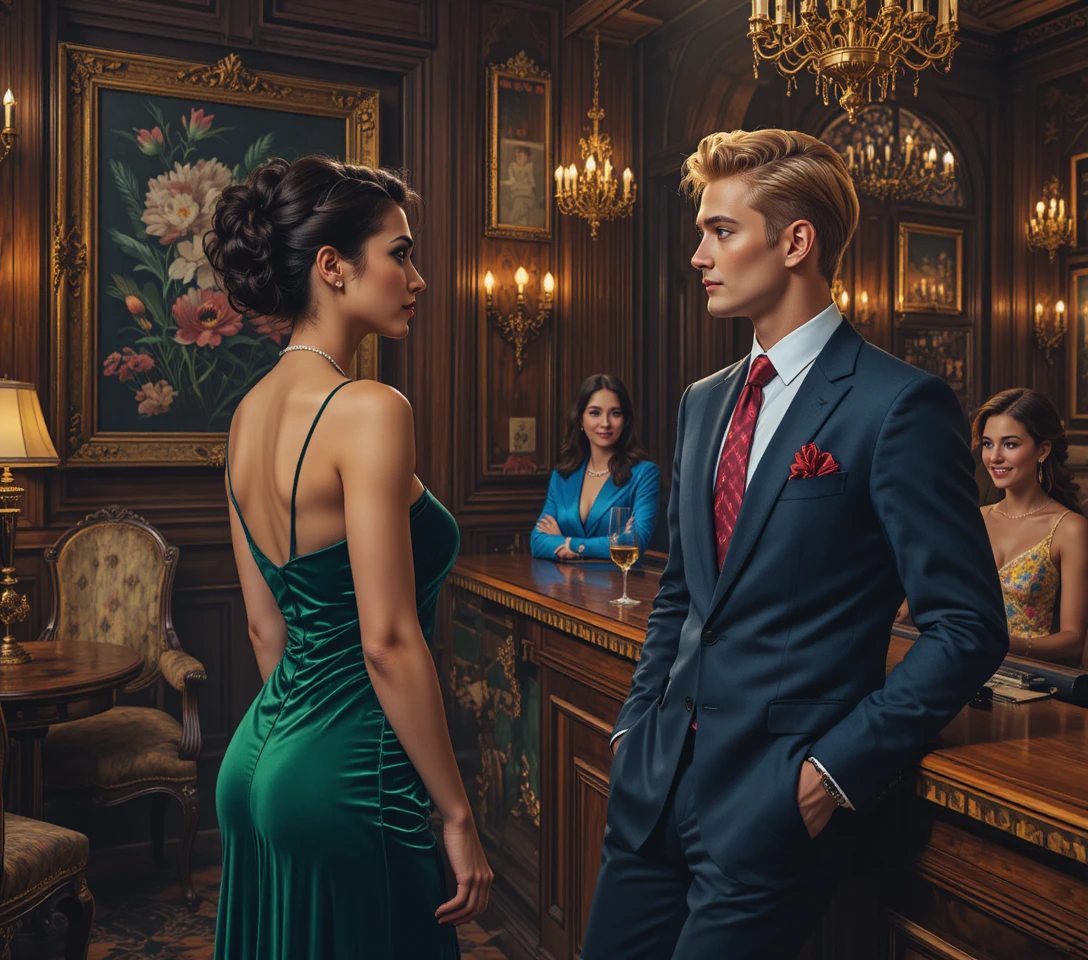 Elegant woman in green gown meeting man at bar