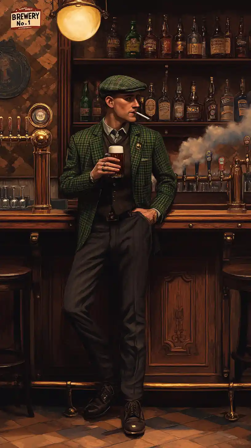 Man drinking beer at a vintage wooden pub bar counter