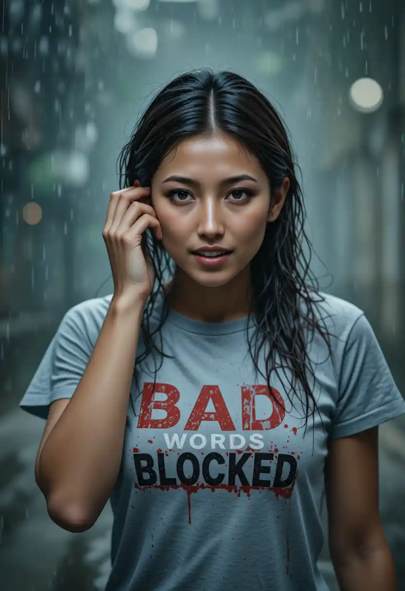 Junge Frau schreit im Regen in nassem T-Shirt