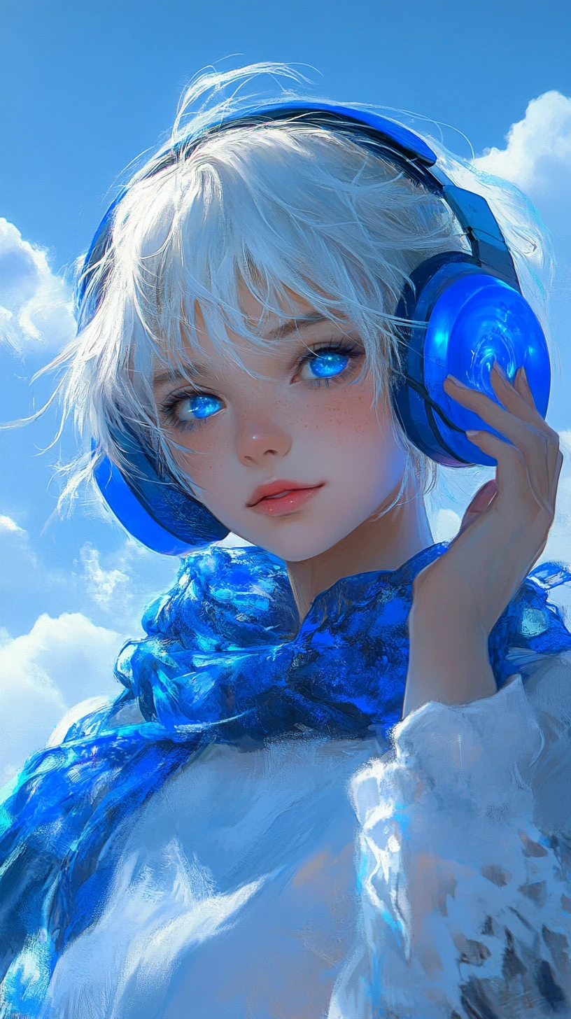 Fille d’anime avec des écouteurs bleus sous un ciel lumineux