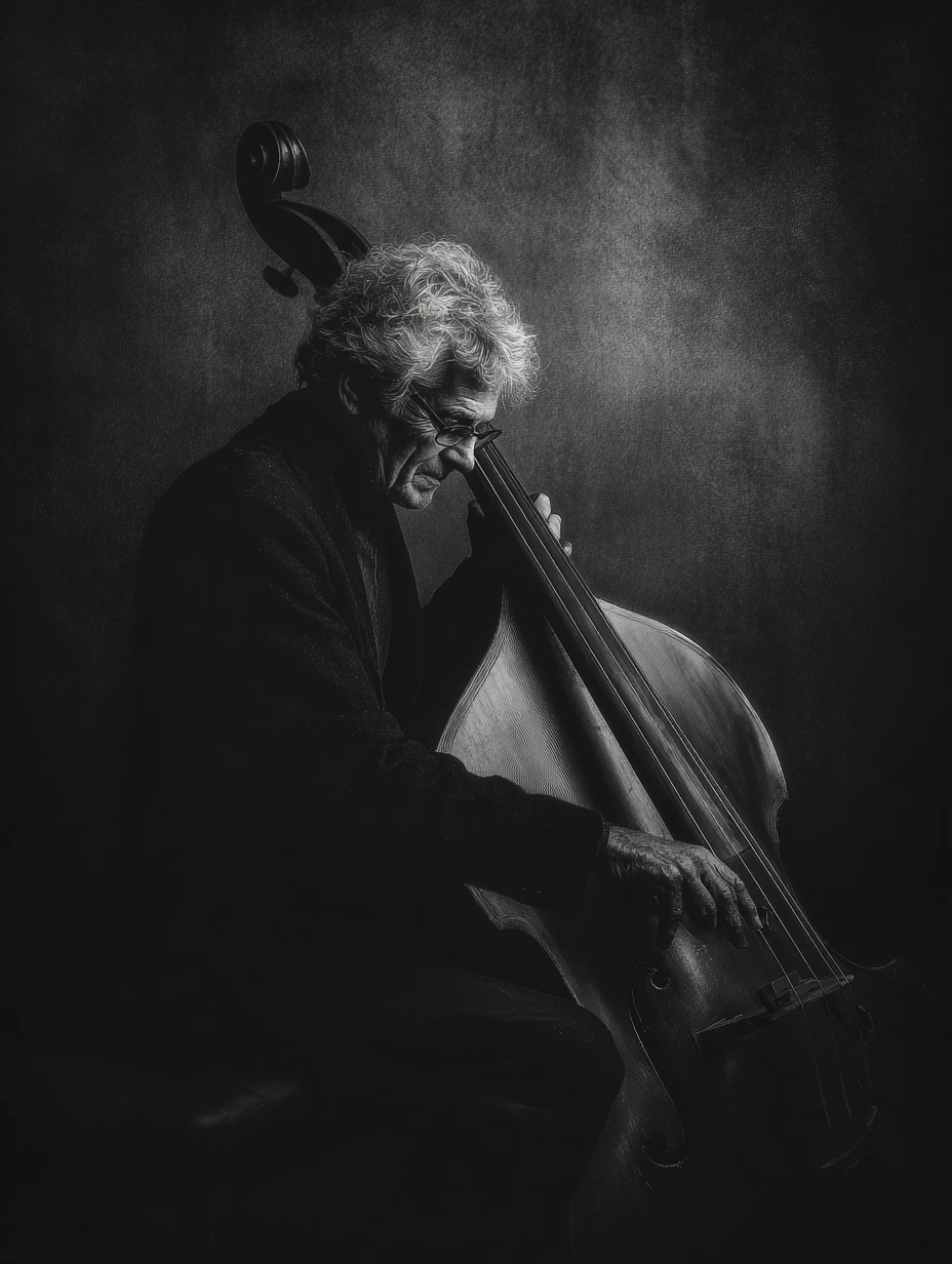 Älterer Musiker spielt Kontrabass in dramatischem monochromen Porträt