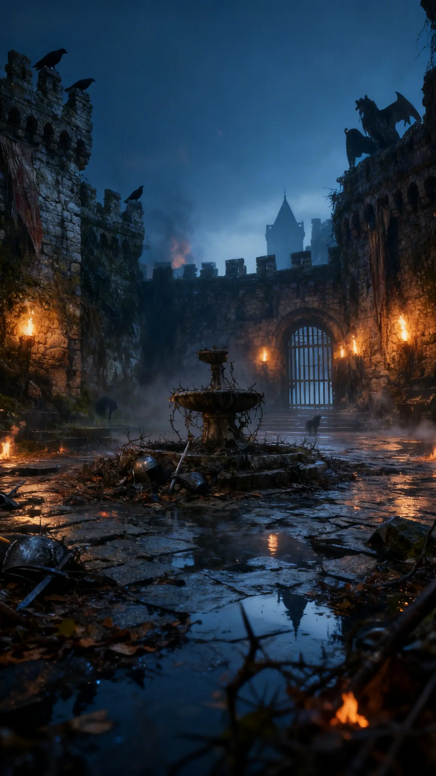 Cortile di un castello dark fantasy sotto un cielo lunare inquietante