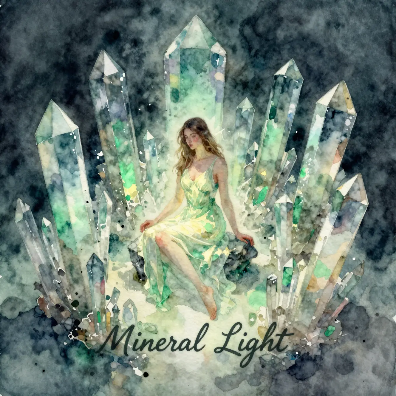 Watercolor girl in glowing crystal chamber with mineral light
