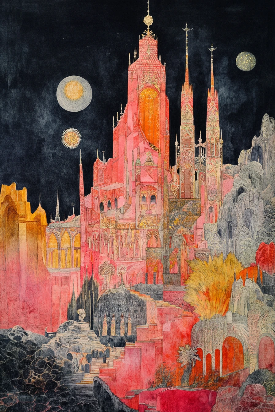 Adventurers Approach A Towering Structure In A Mystic Glow