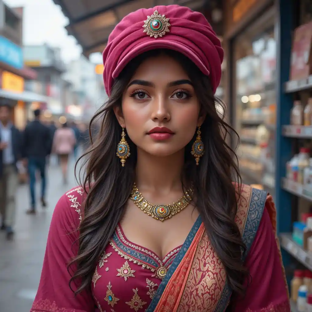 Colorful parrot wearing accessories flying over Indian street market