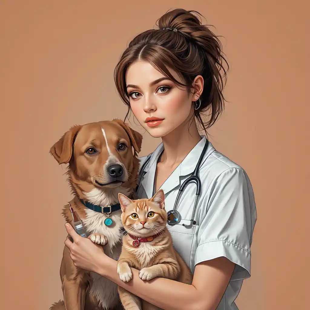 Female veterinarian with dog and cat in pop art style