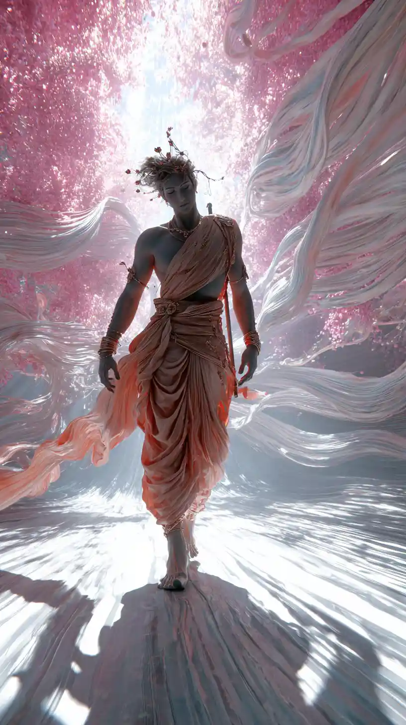 Guerriero divino che avanza in un paesaggio spirituale luminoso