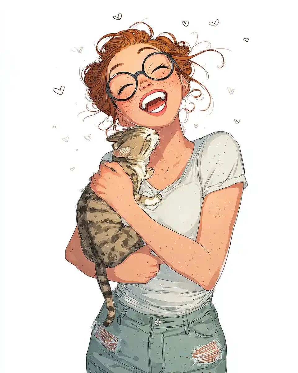 Illustrazione di giovane donna allegra che abbraccia un gatto tigrato