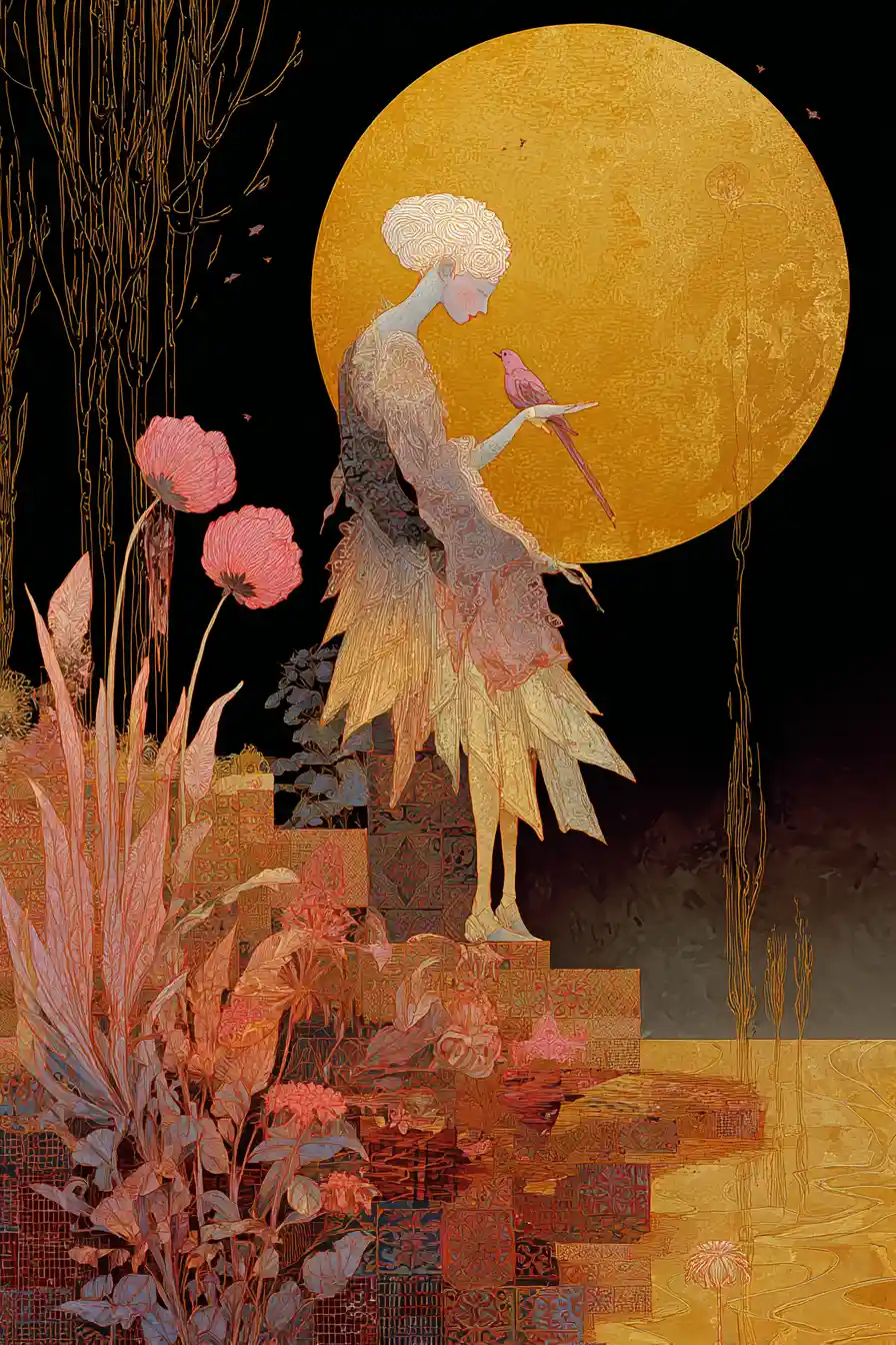Golden full moon couple in loving surreal embrace
