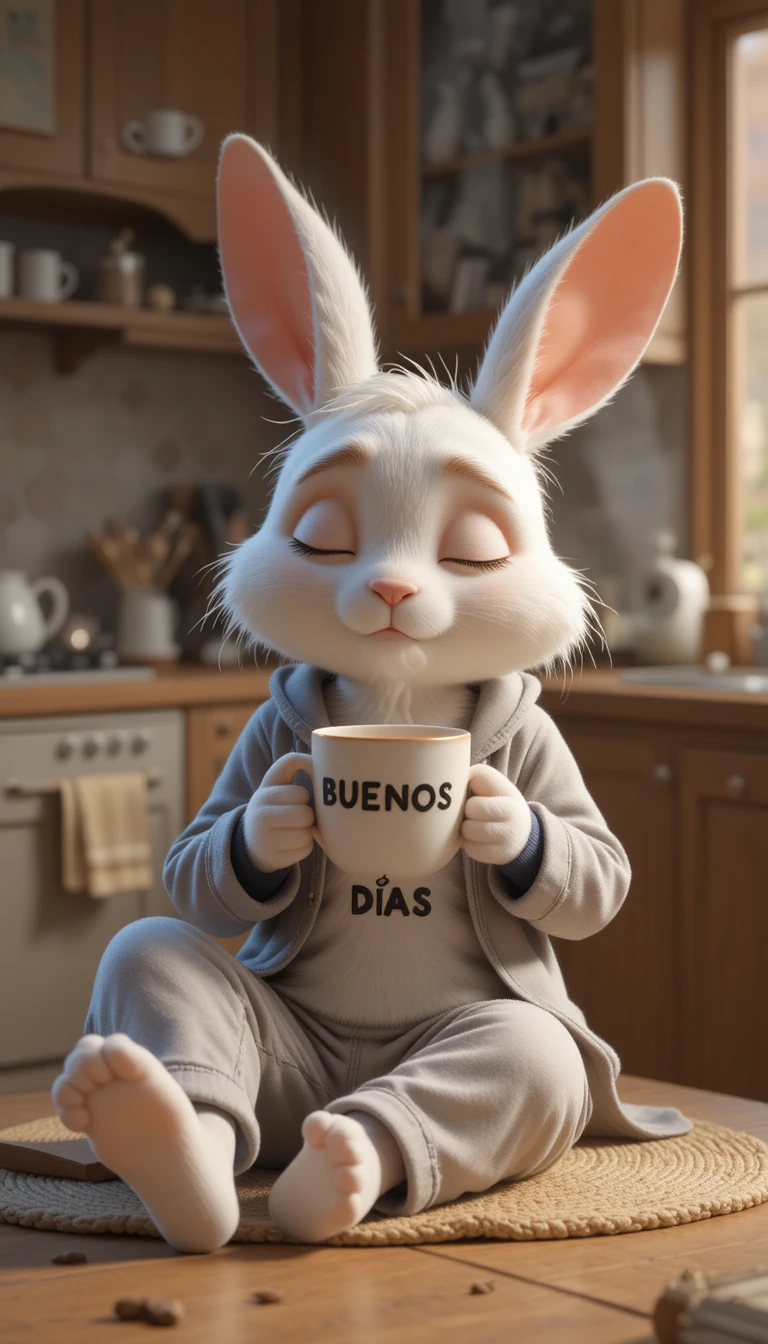 Coelho sonolento de pijama segurando café na cozinha
