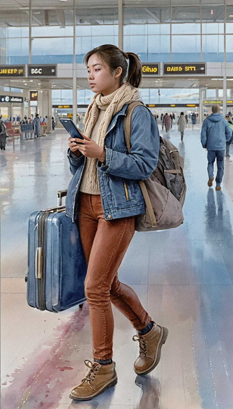 Asian woman with suitcase walking through busy airport terminal