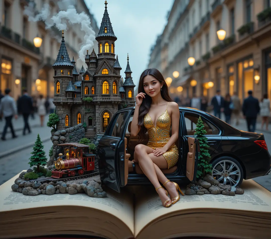 Castello di pietra in miniatura che sorge da un libro di racconti aperto