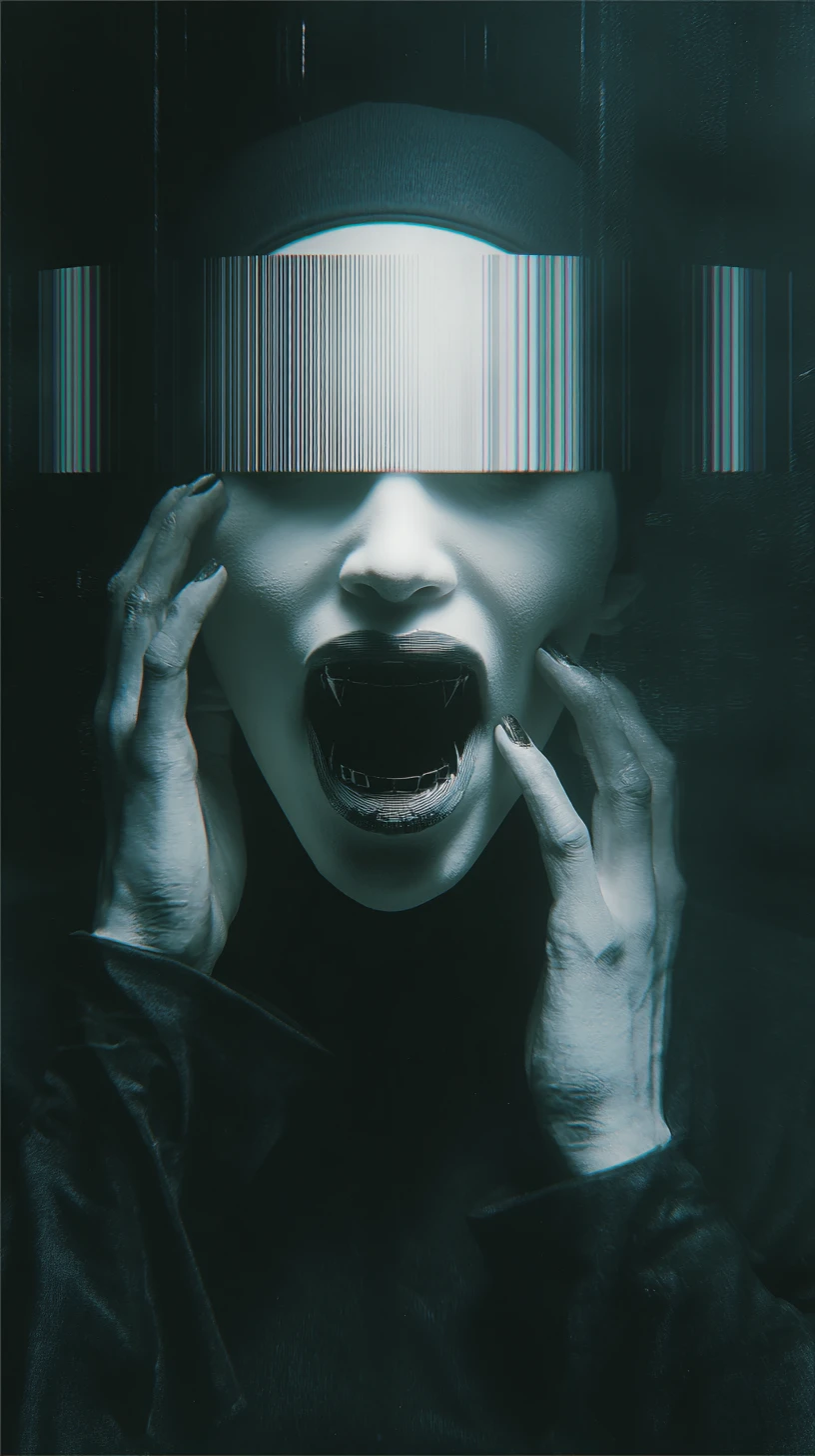 Pale sci fi cyborg priestess in a dark futuristic scene