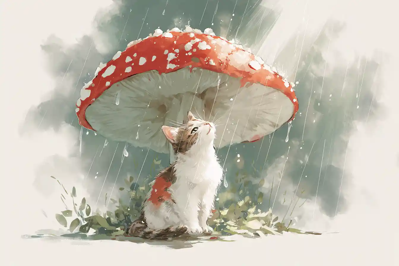Gato de anime abrigado por cogumelo vermelho na chuva suave