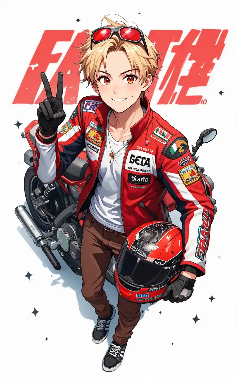 Smiling anime motorcycle racer posing with red bike