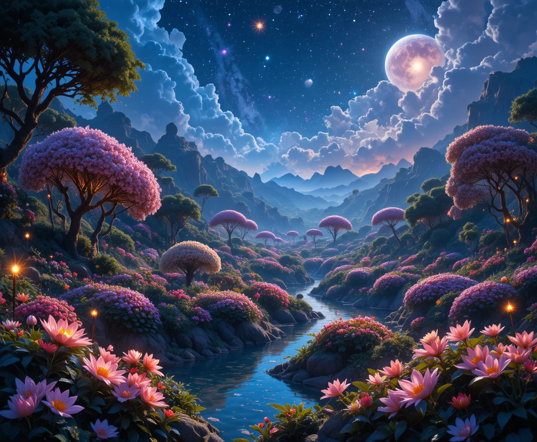 Céu Noturno Estrelado Sobre um Jardim Fantasia Exuberante
