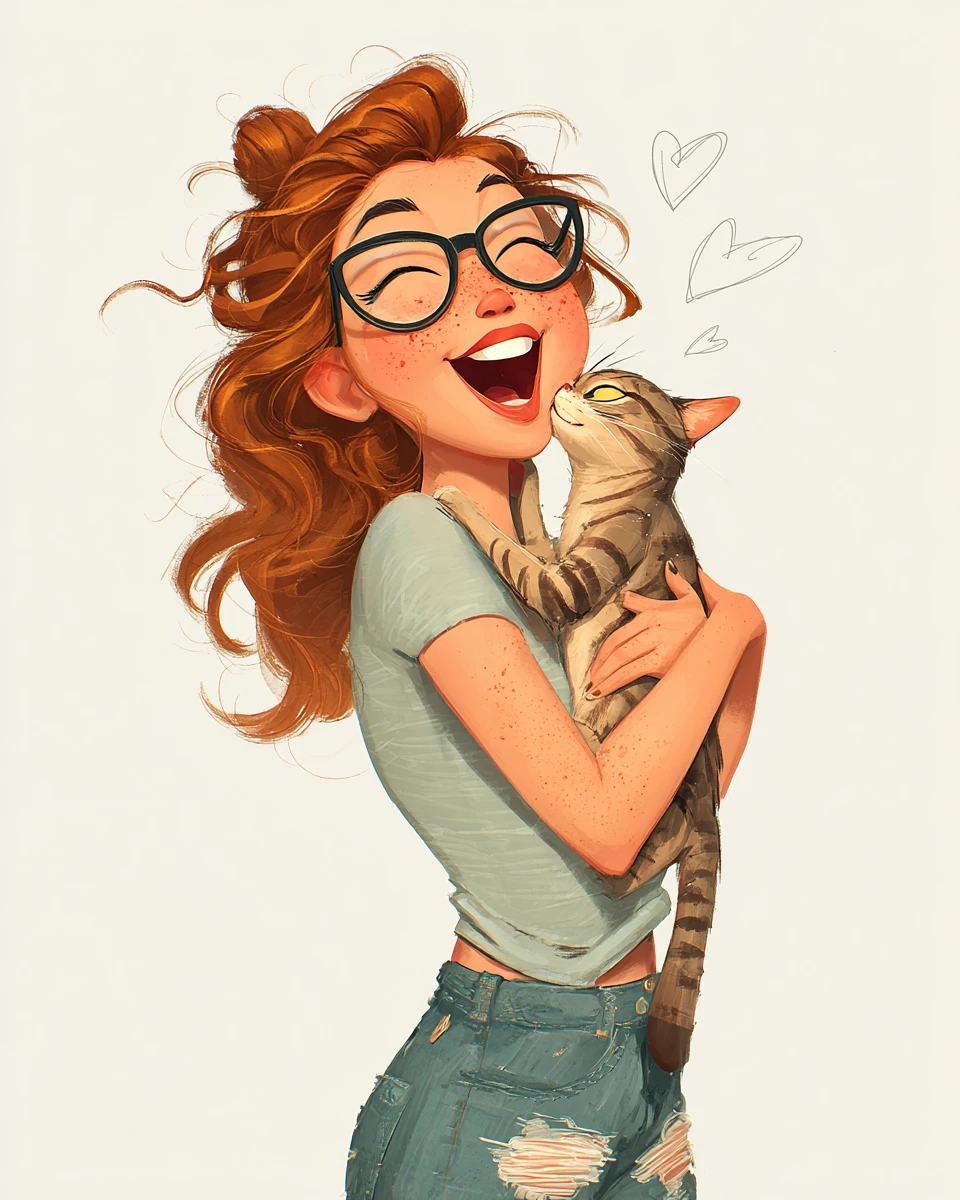 Ragazza gioiosa che abbraccia un gatto tigrato con cuori disegnati