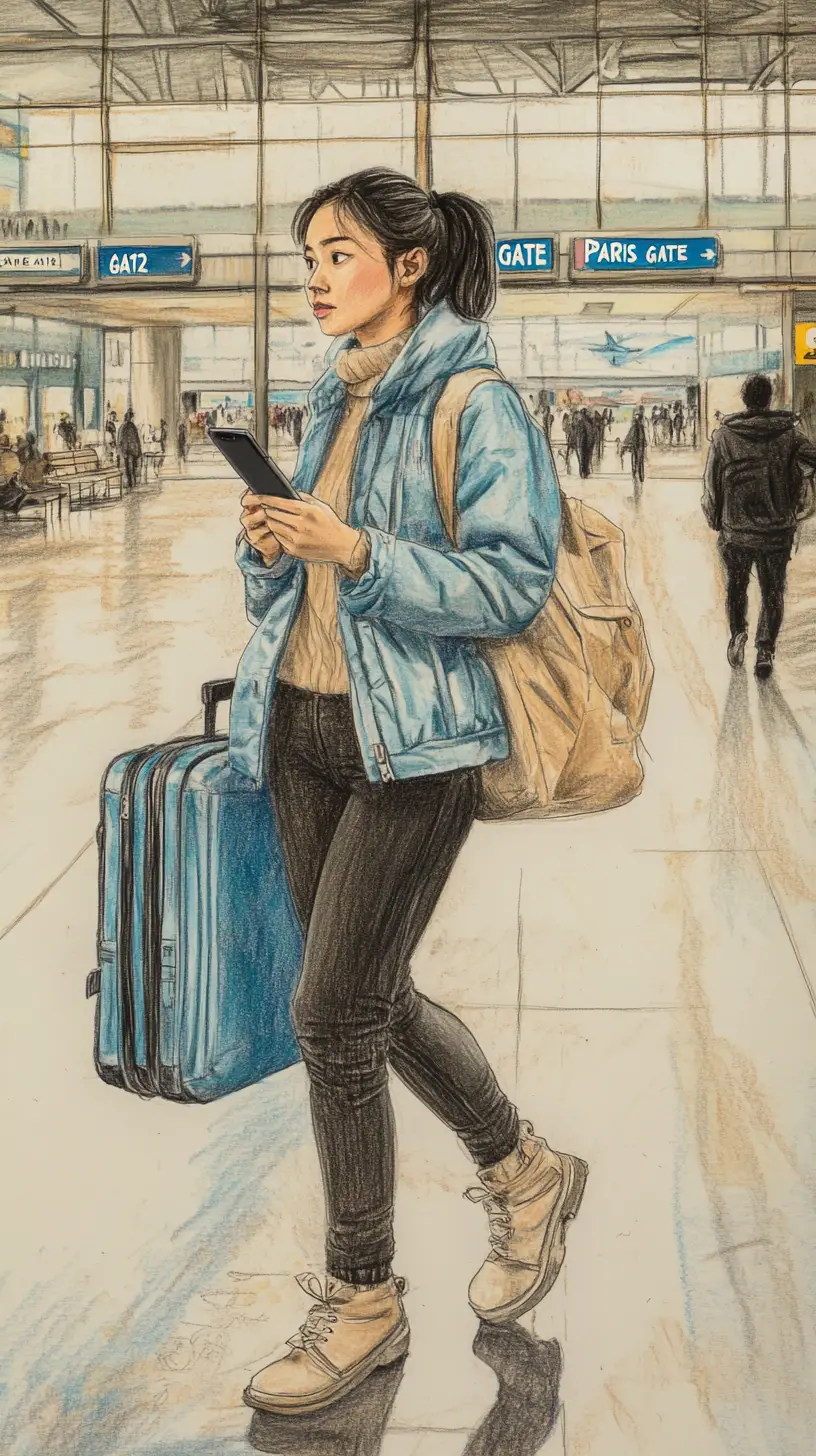캐리어를 끌며 붐비는 공항 터미널을 걷는 아시아 여성