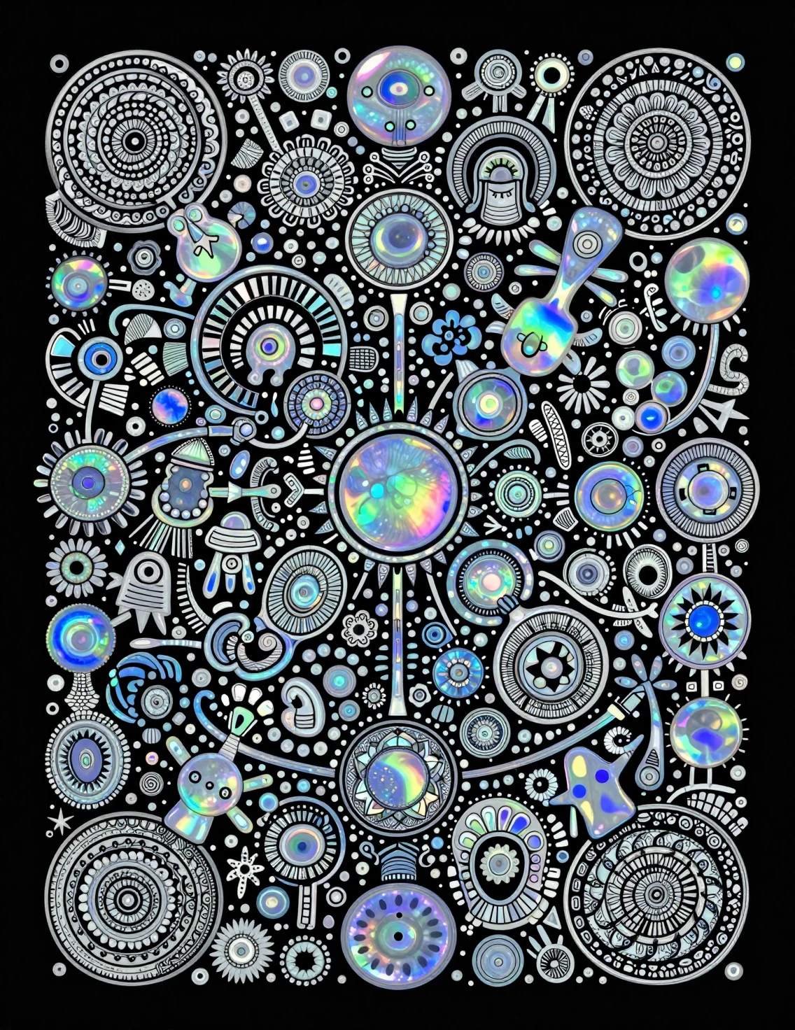Desenho opalescente em estilo zentangle sobre fundo preto puro