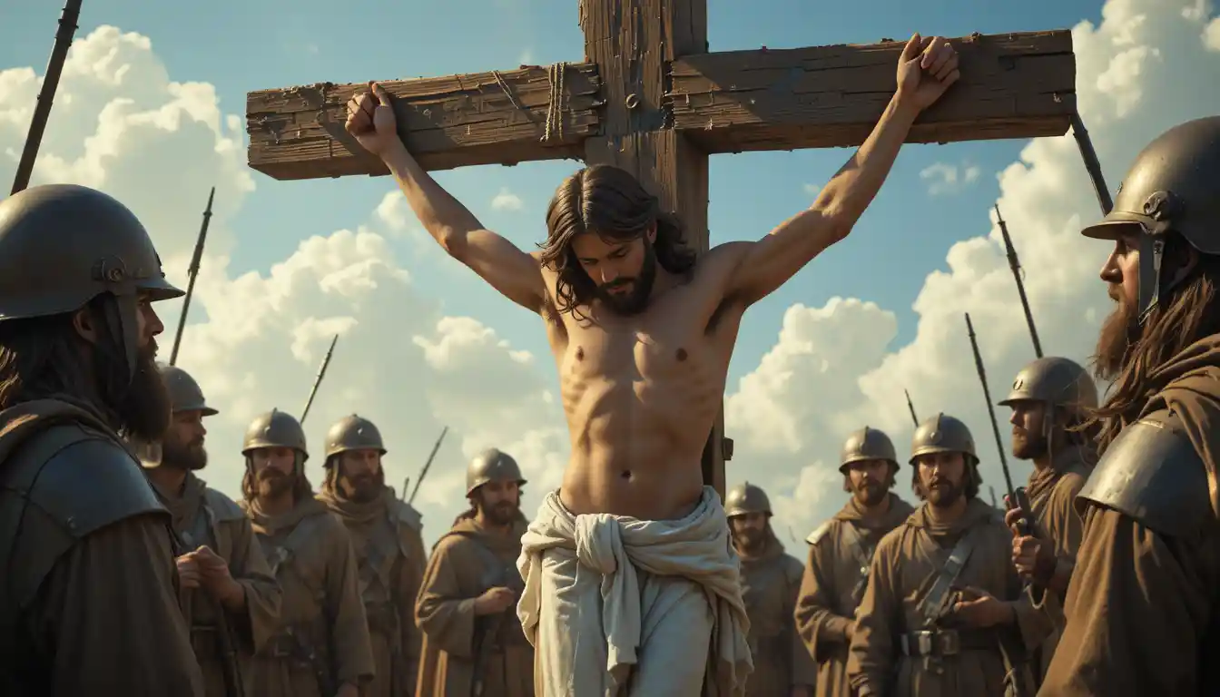 Jesus am hölzernen Kreuz, umgeben von weinenden Soldaten