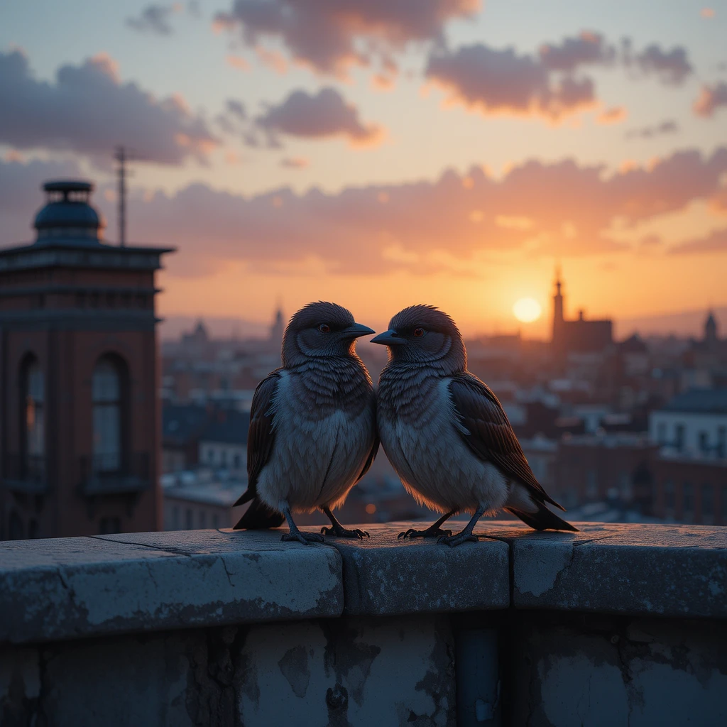 Two birds resting together on a quiet rooftop at sunset